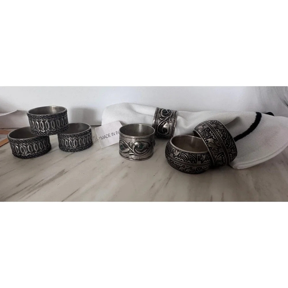 Vintage Mixed Silver Metal Napkin Rings Set of 7 India Boho Floral Bird Ornate